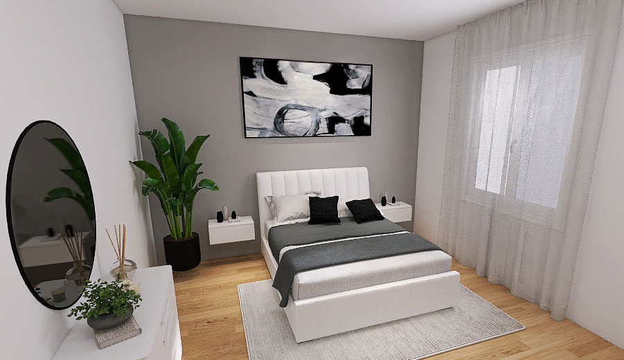 Render 3D camera da letto ristrutturata