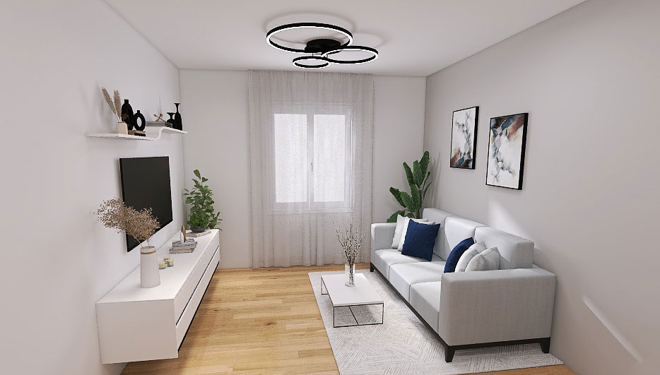 Render 3D soggiorno ristrutturato